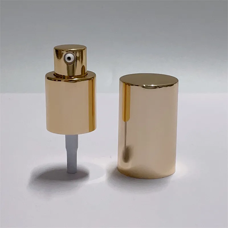 Free sample 18/410 aluminum shiny gold cream pump Chicken Mouth cosmetic dispenser pump custom full aluminum cap treatment pump