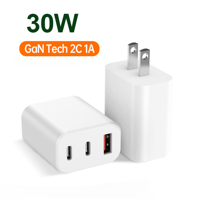 GaN 33 Watt EN 62368  30W 3 Port PD +  QC Usb c Adapter Phone Charger 2C1A for Table  Wireless Charger