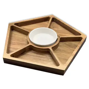 Wholesale Custom Logo Cheese Wooden Trays Serving Acacia Wood Platter With Ceramic Bowl