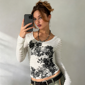 Women's Vintage Y2K Floral Print Knitted Color Block <b>Top</b> Crew Neck <b>Sheer</b> Textured <b>Long</b> <b>Sleeve</b> Casual Streetwear Blouse - Product Image 6