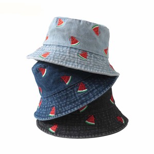 Fashion Embroidered Watermelon Fruit Denim Fisherman Hat for Unisex Wide Brim Sun Protection Breathable &amp; Adjustable All Seasons - Product Image 1