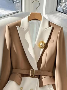 Blazer de mujer de doble botonadura con cuello en V, manga larga, bloques de color, antiarrugas, de terciopelo, poliéster/algodón - Product Image 4