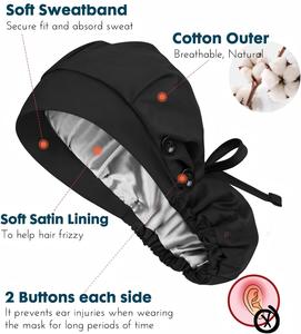 Gorros Quirúrgicos con Bolsillo para Cola de Caballo y Forro de Satén para Mujer, Gorro de Trabajo de Algodón con Botones, Banda Elástica para el Sudor, Unisex, para Enfermeras - Product Image 6