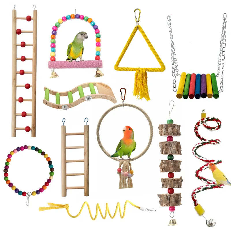 Variados juguetes de loros, jaula de pájaros, accesorios naturales, juguete de masticar para mascotas, escalera de escalada, columpio