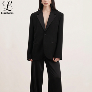 Blazer Formal para Mujer, con Solapa de Satén en Contraste, para Negocios, Fiestas, Oficina, Trabajo, Talla Grande, con un Solo Botón, Antiestático - Product Image 1