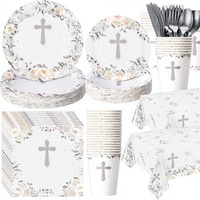Ensemble de vaisselle jetable pour baptême, assiettes et serviettes, nappe, gobelets, croix, pour la première communion, fournitures pour fêtes