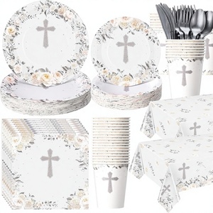 Juego de Vajilla Desechable <span class=keywords><strong>para</strong></span> Bautizo, Platos y Servilletas, Mantel, Vasos, Cruz, <span class=keywords><strong>para</strong></span> Primera Comunión, Artículos <span class=keywords><strong>para</strong></span> Fiestas - Product Image 1