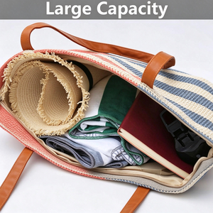 Grands sacs de plage élégants en paille de couleur unie avec fermeture éclair, grands sacs fourre-tout pour piscine avec poches intérieures, sacs à main d'extérieur pour femmes - Product Image 6