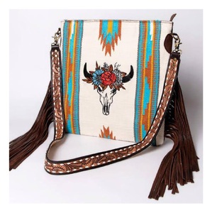 Premium Quality Wholesale Western Crossbody <b>Bag</b> with <b>Woven</b> Wool Saddle Blanket Fabric and Hand Tooled Floral <b>Leather</b> Strap - Product Image 4