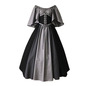 Robe de soirée médiévale européenne à épaules dénudées, patchwork coloré, manches volantées, coupe trapèze, jupe longue - Product Image 2
