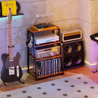 Support multimédia trapézoïdal à 4 niveaux en bois et métal avec crochets, étagère de rangement pour disques vinyles, étagère pour console de jeux pour la maison, le salon