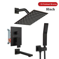 Système de douche encastré noir mat 3 fonctions - Pommeau de douche carré 8 pouces, douchette à main et bec de baignoire en laiton