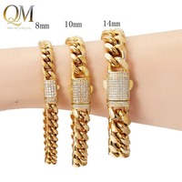 Gelang Rantai Miami Cuban Link Pria 6-14mm dari Baja Anti Karat dengan Kancing Tembaga Zirkon Mikro Pave