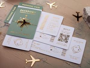 Carte d'embarquement en feuille d'or verte avec breloque d'avion d'invitation à un événement à destination Ensemble d'invitations élégant pour passeport de luxe sur le thème du <span class=keywords><strong>voyage</strong></span> - Product Image 5