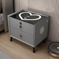 Table de Chevet Intelligente Moderne de Luxe en Bois avec Recharge Sans Fil LED, Meuble de Rangement Flottant en Cuir avec Tiroirs pour Chambre à Coucher