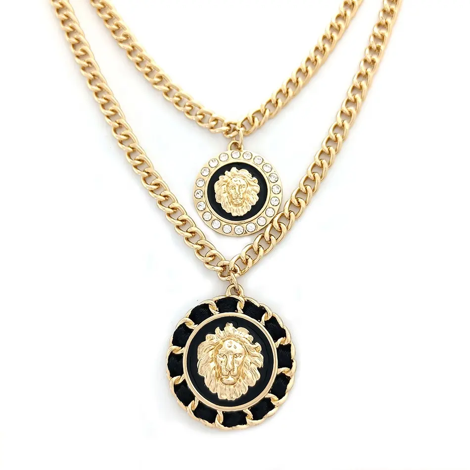 New fashion Jewelry 2 rows gold link chain black ribbon gemstone epoxy lion pendant Necklaces for women