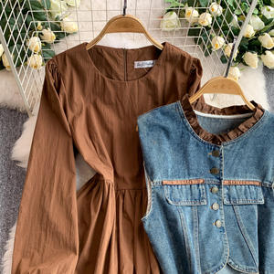 Conjunto de Vestido Tipo Camisero Marrón de Talla Grande para Mujer, Cintura Ajustable con Cordón, Cuello Redondo, <span class=keywords><strong>Chaleco</strong></span> <span class=keywords><strong>Vaquero</strong></span> para Combinar - Product Image 2