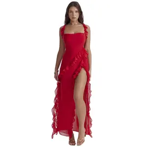 Vestido maxi elegante para mulheres, sem costas, com babado, preto, poliéster, longo, luxuoso, para festas de casamento, com babado, ideal para mulheres, 2024