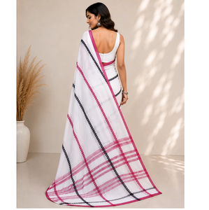 Sari de Algodón Mul Premium para Mujer, Elegante con Borde Bordado a Rayas, Tela Suave y Transpirable, Colección de Moda Étnica - Product Image 1
