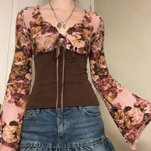 Vintage Patchwork Butterfly Floral Print <b>Knitted</b> Flare <b>Sleeve</b> <b>Top</b> for Women Sexy Slim Fit V-Neck Long <b>Sleeve</b> <b>Top</b> - Product Image 1