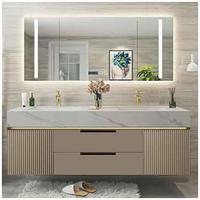Meuble-lavabo mural moderne CBMmart à vasque unique en placage de bois mélaminé avec robinet et miroir intelligent pour appartement