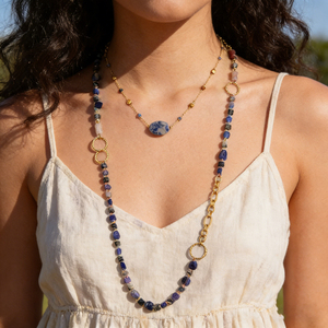 สร้อยคอประดับลูกปัดโซดาไลต์สีน้ำเงินแบบปรับได้ สไตล์โบฮีเมียน สำหรับใส่ทุกวัน แฟชั่นเครื่องประดับสไตล์เรโทร สร้อยคอแบบหลายชั้น - Product Image 2