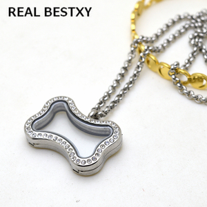Colgante de acero inoxidable con forma de hueso de perro y cara, medallón flotante de cristal, cadena de serpiente, 316L - Product Image 2