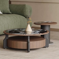 Ensemble de tables basses rondes gigognes en marbre avec plateau en noyer et tiroir de rangement, table d'appoint 2-en-1, style moderne et minimaliste pour villa, chambre d'hôtes, bureau