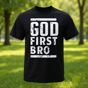Camiseta promocional con la frase 'God First Bro' basada en la fe - Product Image 3