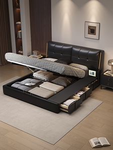 <span class=keywords><strong>Lit</strong></span> double italien en cuir noir pour chambre principale, avec rangement coulissant à pression d'air, éclairage intégré et sacs souples, pour la maison - Product Image 5