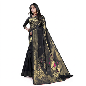Sari en soie imprimé noir et or traditionnel pour femmes, style indien et pakistanais, coupe classique, longueur au sol, pour occasions de mariage - Product Image 1