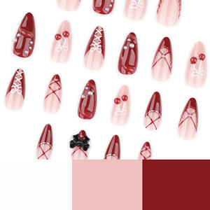<span class=keywords><strong>Faux</strong></span> <span class=keywords><strong>ongles</strong></span> de luxe 3D cerise à presser, forme amande, French manucure, réutilisables, rouge bordeaux, avec nœuds et perles, vente en gros - Product Image 4