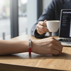 Bracciale alla Moda con Doppio Nastro Rosso e Acciaio - Product Image 3