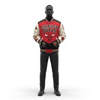 Chaqueta Varsity para Hombre de Chicago, Diseño con Parches Bordados Rojos y Blancos, Estilo Casual de Béisbol, Cuello Vuelto, Cierre de Botón Sencillo, Forro Fino de Piel