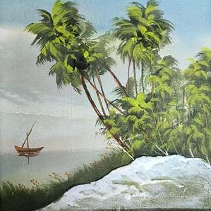 Peinture à l'huile sur toile tendue, paysage tropical réaliste moderne, peinte à la main, scène estivale avec palmiers et bateau, pour intérieur - Product Image 1