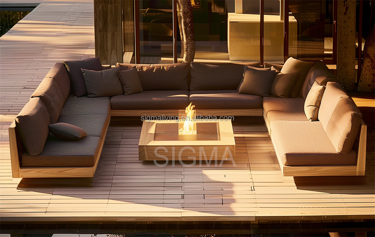 Modern Design Outdoor Furniture Teak Wood Frame Comfortable U-shape Garden Sofa Set with Ottoman