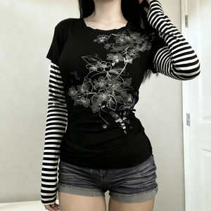 T-shirt à manches longues rayé à superpositions style Y2K pour femmes, imprimé, couleur contrastée, streetwear - Product Image 4