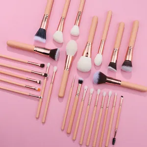 Private Label Pink Wood Handle 26pcs Fluffy Soft Natural Synthetic Hair Powder Foundation Blush Eye Shadow Eyebrow Liner Brushes