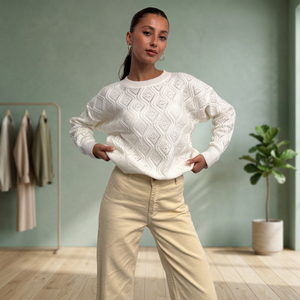 Maglione Lavorato a Maglia con Collo Rotondo e Motivi - Casual Invernale 100% Acrilico - BIANCO - Product Image 3