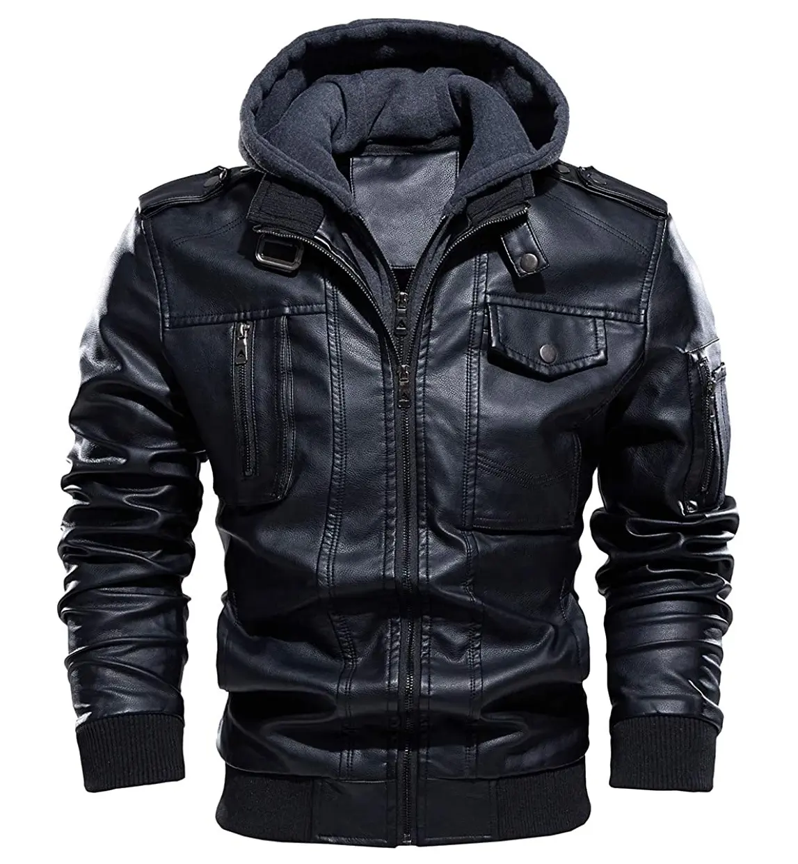 Mens Leather Jacket Winter Warm Fleece Lined Motorcycle Bomber Jackets with Removable Hood