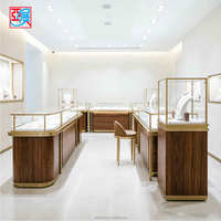Comptoir de présentation de bijoux en verre avec cadre doré en bois de noyer personnalisé et éclairage LED pour magasin, ensemble complet pour l'aménagement de boutique
