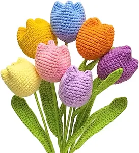 Allogogo Handmade Crochet Flowers Bouquet Wholesale Artificial Multi Colors Crochet Tulip Flower for Mother's Day Gift