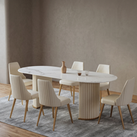 Table à manger ovale moderne européenne en pierre frittée, table à manger en bois avec piétement cannelé pour salle à manger et villa