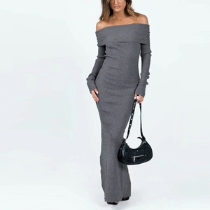 ผู้ผลิตเสื้อถักแบบกำหนดเอง ชุดเดรสไหมพรมผู้หญิง แขนยาวแบบเว้า ชุดเดรสไหมพรมริบบิ้นยาวปานกลาง เสื้อผ้า - Product Image 1