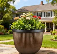 Pot de fleurs rond en PP léger et durable, à nervures verticales, finition mate effet vieilli, avec trou de drainage, pour usage extérieur, intérieur, maison et jardin
