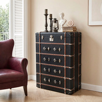 Armoire de rangement vintage de luxe en cuir véritable noir, coffre en bois à 4 tiroirs, grande capacité, pour chambre et salon