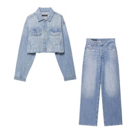 Ensemble de deux pièces pour femmes, jean droit en denim à paillettes brillantes, mode décontractée automne-hiver