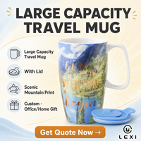 Mug de voyage en céramique grande capacité avec couvercle et impression de montagne pittoresque, citation « L'aventure commence », idéal pour le bureau, la maison, ou comme cadeau personnalisé