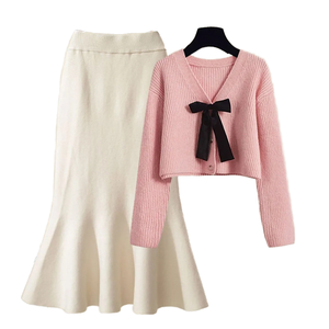 <span class=keywords><strong>Cardigan</strong></span> in maglia con scollo a V rosa dolce con fiocco <span class=keywords><strong>nero</strong></span> abbellito stile Casual - Product Image 1