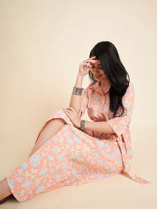 Peach Color Blue A-line Knee-Length Cotton <b>Dress</b> Floral Printed Turn-down Collar Long Sleeves Tie-ups Flared Hem Garment Dyed - Product Image 5